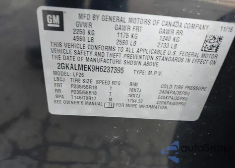 2017 GMC Terrain Sle-1 z USA, uszkodzony, nr VIN 2GKALMEK9H6237395